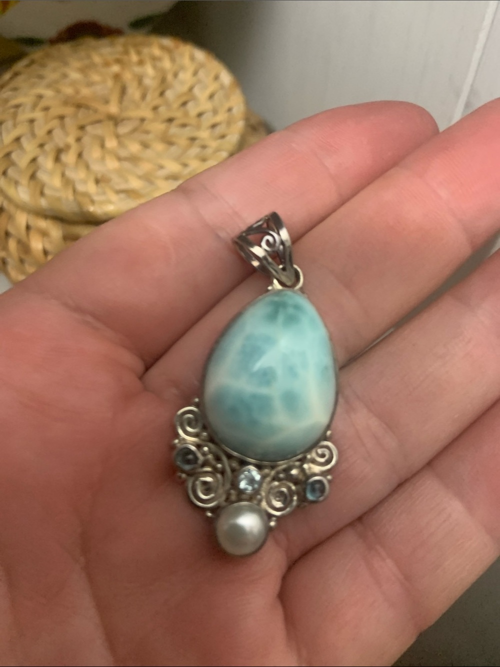 Sterling Silver Larimar Teardrop Pendant with Pearl Accent - Blue